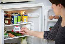 Frau nimmt Thermometer aus Kühlschrank